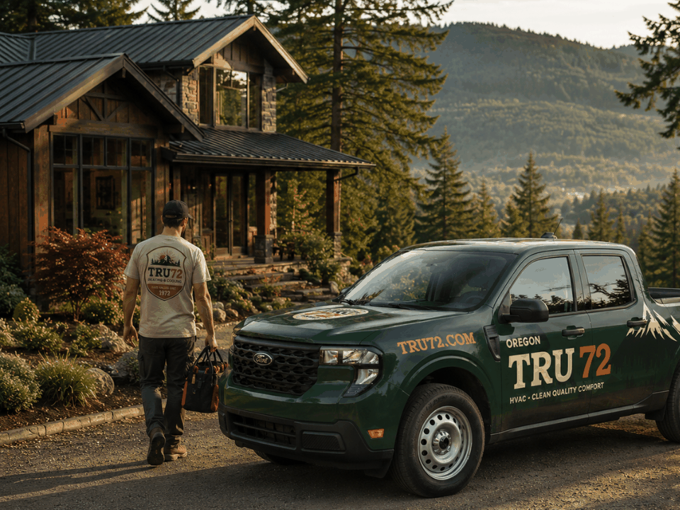 A Tru72 technician walking to a Tru72 truck at a Pacific Northwest home today.